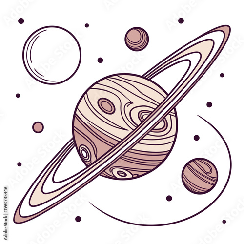 An illustration of a planet with rings and moons in a line drawing style