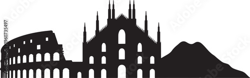 Italian skyline with roman coliseum and milan cathedral and mount vesuvius silhouette design
