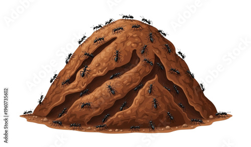 A detailed illustration of an anthill with ants crawling on it