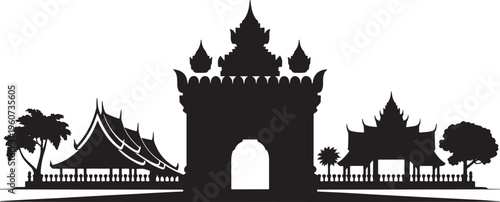 Laos skyline silhouette with traditional buddhist temple and asian architecture on transparent