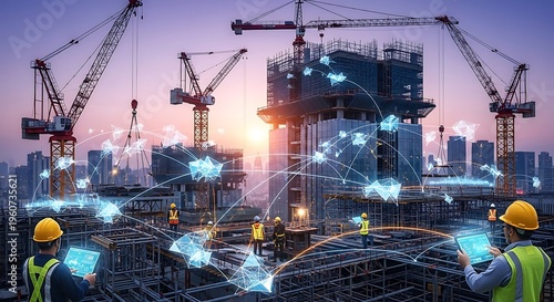 Modern construction site with digital connectivity and engineers using tablets at sunset hour