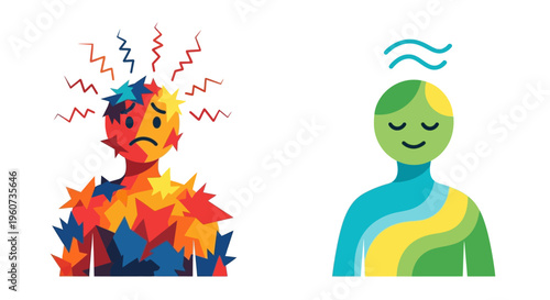 Illustration of a person experiencing stress and anxiety versus a person feeling calm and relaxed