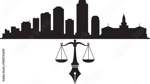 Law and justice concept cityscape with urban buildings and scales of justice icon
