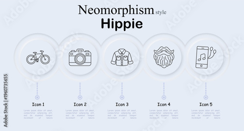 Hippie set icon. Neomorphism style interface with bicycle, retro camera, button shirt, long beard face, smartphone with music note earphones. Soft round buttons, thin outline symbols.