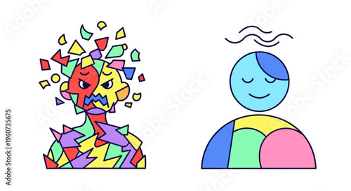 Abstract illustration contrasting mental chaos and inner calm, portraying emotional distress versus serene peace and psychological well-being