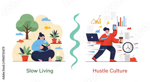 Visual representation contrasting peaceful slow living with demanding hustle culture, illustrating different approaches to daily life and productivity
