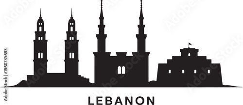 Lebanon skyline silhouette with iconic mosque towers and historical fort on transparent background