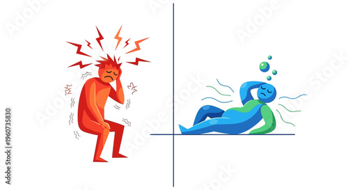 Illustration of a person experiencing stress and discomfort versus a relaxed and calm individual