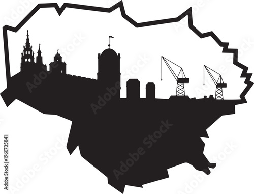Lithuania map silhouette with landmarks from Vilnius Kaunas Klaipeda and other major cities