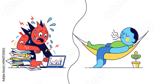 Visualizing the stark contrast between overwhelming work stress and the serene joy of ultimate relaxation and leisure