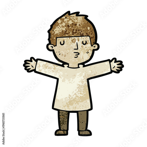 A cartoon illustration of a young man with textured brown hair, wearing a simple cream-colored tunic and dark brown trousers, standing with his arms outstretched