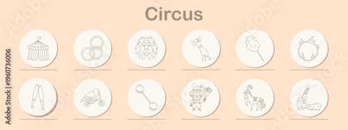 Circus set icon. Line symbols depict big top tent, juggling rings, lion head, fire torch, cotton candy, flaming hoop, stilts, motorbike stunt, balance bar, clown jester, carousel horse