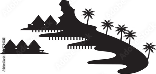 Maldives island silhouette with luxury water bungalows and palm trees tropical beach landscape