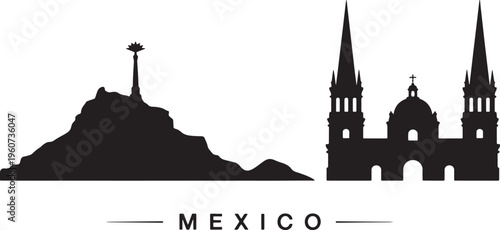 Mexico skyline vector with monuments and churches silhouette on transparent background