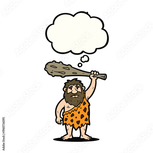 A cartoon illustration of a caveman holding a club above his head with a thought bubble