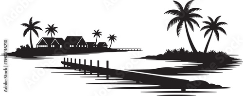 Panoramic black silhouette of tropical island vacation spot with palm trees bungalows pier and water reflections