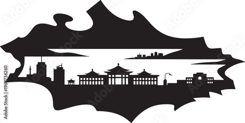 Silhouette of asian cityscape with traditional buildings and modern skyscrapers against clouds