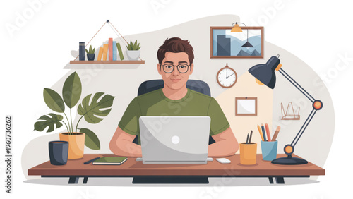 A young professional man sitting at his wooden desk while working on a silver laptop computer Vector