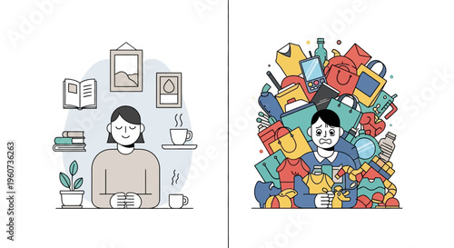 Illustrations exploring the contrast between mindful living and excessive consumption