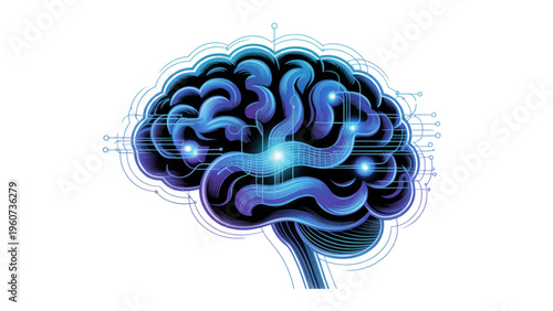Stylized human brain illustration with digital circuit patterns and glowing connection nodes blue Vector