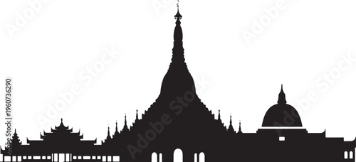 Religious temple silhouette with large central stupa ornate rooftops and surrounding structures transparent vector