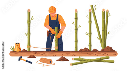 Bamboo Construction: A diligent craftsman meticulously constructs a bamboo structure using his skill and experience, highlighting sustainable building techniques.