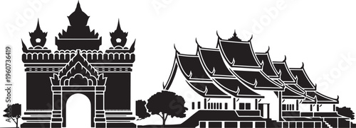 Silhouette skyline of laos patuxai and wat that luang in black vector illustration