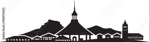 Silhouette skyline of norwegian villages with mountain in black vector illustration