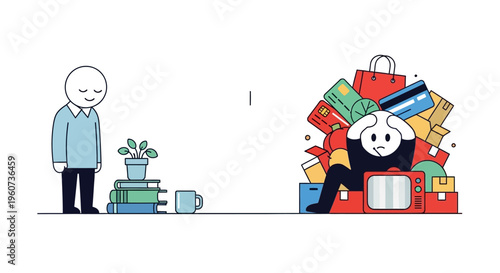 Overwhelmed by consumerism vs simple living a graphic representation of stress and abundance
