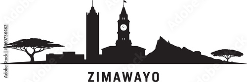 Silhouette skyline of Zimawayo with iconic buildings and savanna trees against checkered background