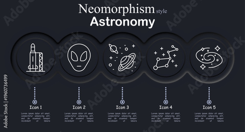 Astronomy set icon. Rocket launch spacecraft, alien extraterrestrial face, planet orbit system, constellation star map, spiral galaxy universe, space exploration science