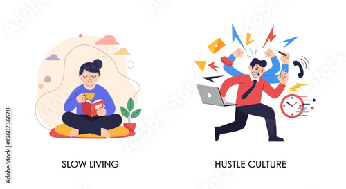 Depicting the contrasting modern lifestyles peaceful slow living versus the overwhelming demands of intense hustle culture and constant productivity