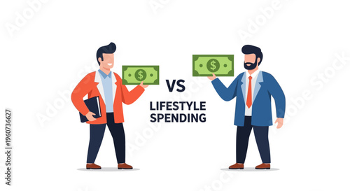 Financial Decisions Two Businessmen Comparing Lifestyle Spending Habits and Money Management Strategies