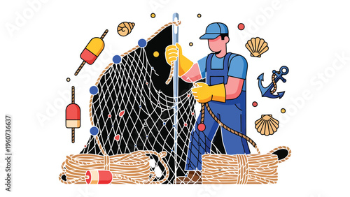 Fishing Craft Illustration: A skilled artisan works with netting and other aquatic accouterments in this colorful illustration, depicting the traditional craft of fishing.
