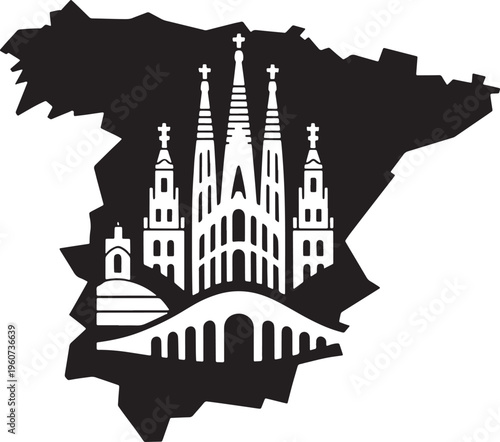 Spain map with Sagrada Familia architecture famous landmark architectural masterpiece