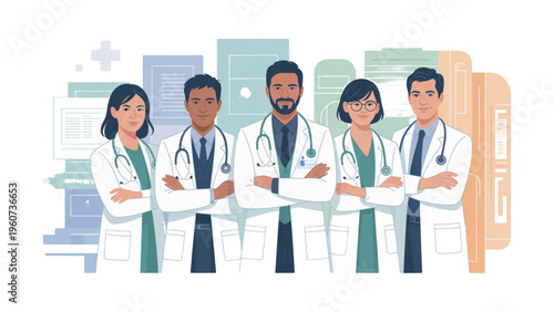 A diverse team of professional medical doctors standing together with their arms crossed in clinic Vector