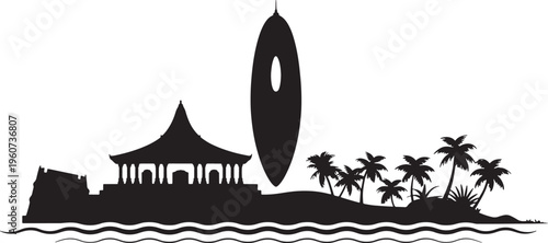 Tropical island skyline silhouette featuring traditional pavilion giant surfboard tower palm trees and ocean waves design.