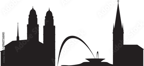 Urban profile silhouette showing church steeples large fountain and modern arch against empty backdrop vector