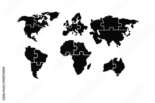 Black World Map Puzzle Pieces Isolated on White Background