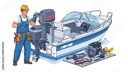 Boat Technician at Work: A skilled technician, equipped with tools, works meticulously on a boat engine, highlighting the expertise and precision required in marine mechanics and maintenance.