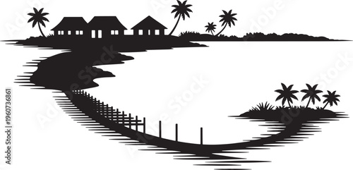 Tropical island beach scenery with palm trees huts and winding river silhouette frame