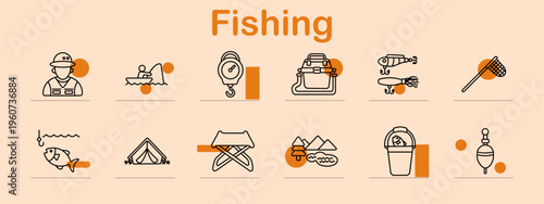 Fishing set icon. Fisherman, rod, boat, scale, bag, lure, net, fish, tent, chair, nature, bucket, float, outdoor, camping, river, catch, hobby, water activity