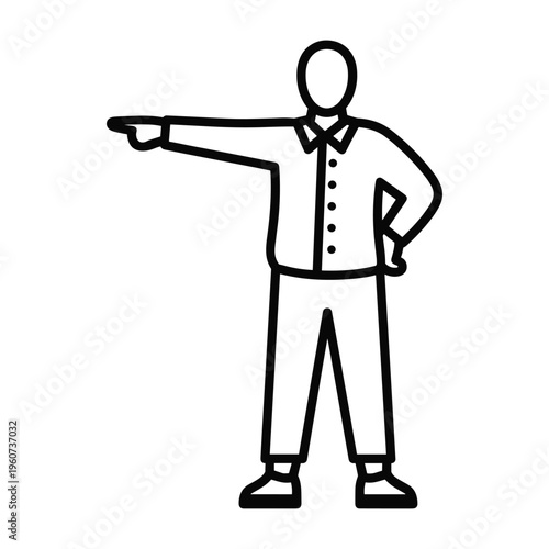 A black and white line art illustration of a person in a collared shirt and pants, pointing to the left with one hand on their hip