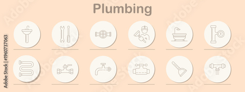 Plumbing service set icon. Line style icons display sink basin, tools wrench, pipe valve, plumber worker, bathtub, pressure meter, pipe bend, faucet valve, tap outlet, control unit, plunger tool