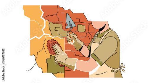 Building a Future: An illustration of a person meticulously adding finishing touches to the walls of the state, showcasing a dedication to creation and construction. 