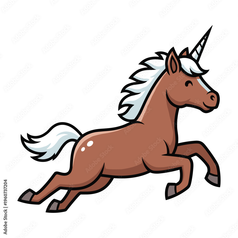 Fototapeta premium A happy galloping brown unicorn with a white mane and tail, featuring a black and white horn, isolated on a white background