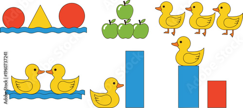 Kids Counting Educational Vector Set with Ducks Apples Shapes and Numbers Learning Math Concept Collection Isolated on White Background