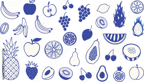 Seamless vector pattern set featuring fresh fruit icons like apples and strawberries alongside blue flowers, leaves with drops, and colorful cartoon nature illustrations for a modern food design