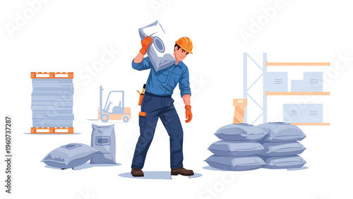 Warehouse Worker Carrying Load: A dedicated warehouse worker shoulders a heavy sack, navigating the storage space with focus. The image captures the essence of labor, industry.