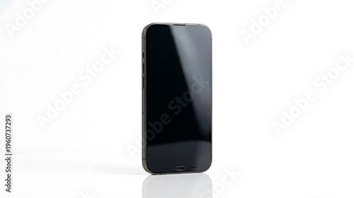 A sleek black smartphone standing upright on a white surface with a subtle reflection
